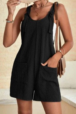 Black Shoulder Strap Pocket Textured Romper