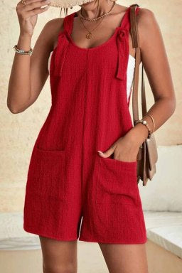 Red Shoulder Strap Pocket Textured Romper