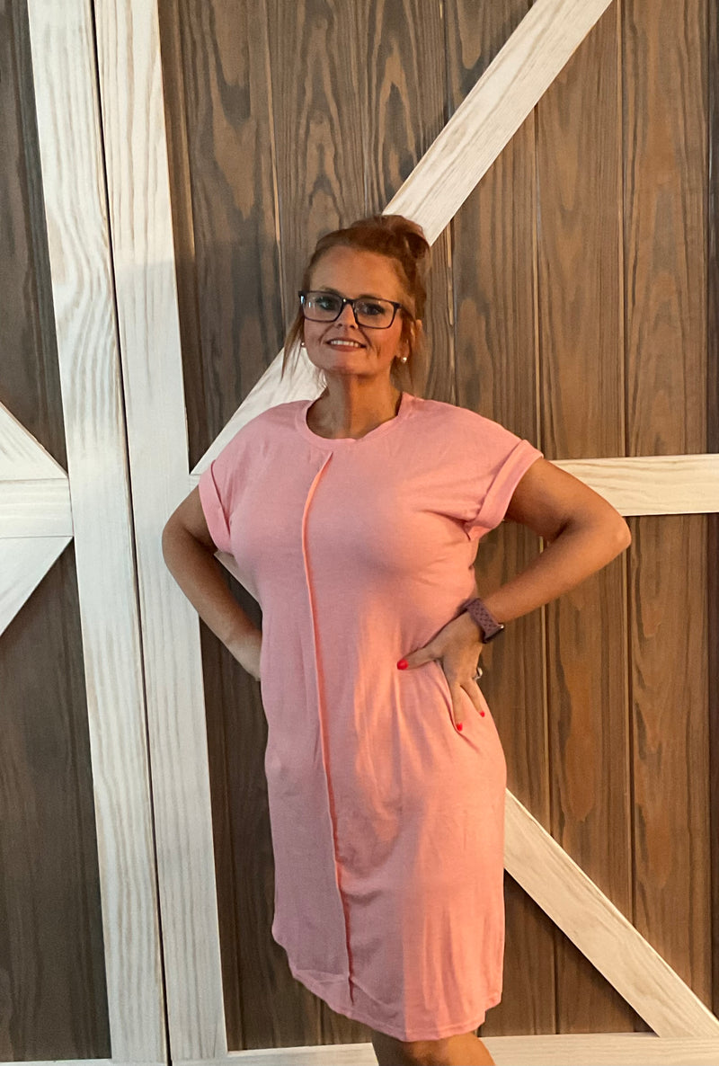 Rose Pink Center Seamed Roll Sleeve T-shirt Dress