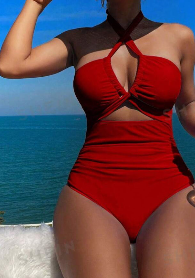 Swim Summer Beach Women's Solid Color Halter Neck Hollow Out One-Piece Swimsuit