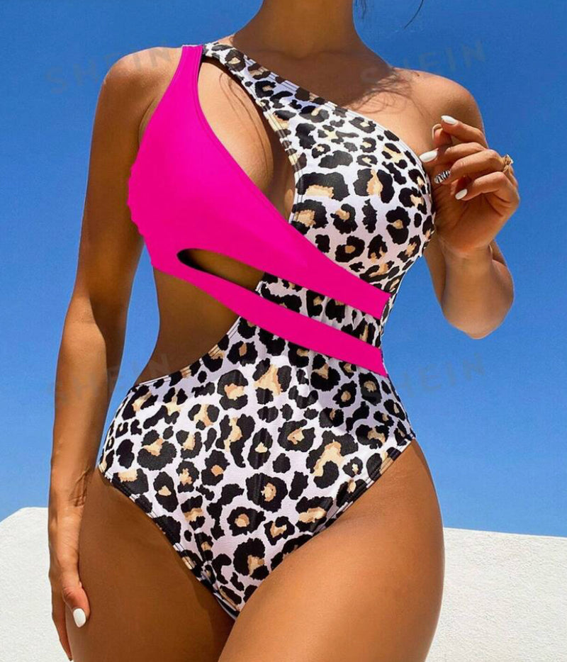 Swim Summer Beach Leopard Cut-Out One Shoulder One Piece Swimsuit