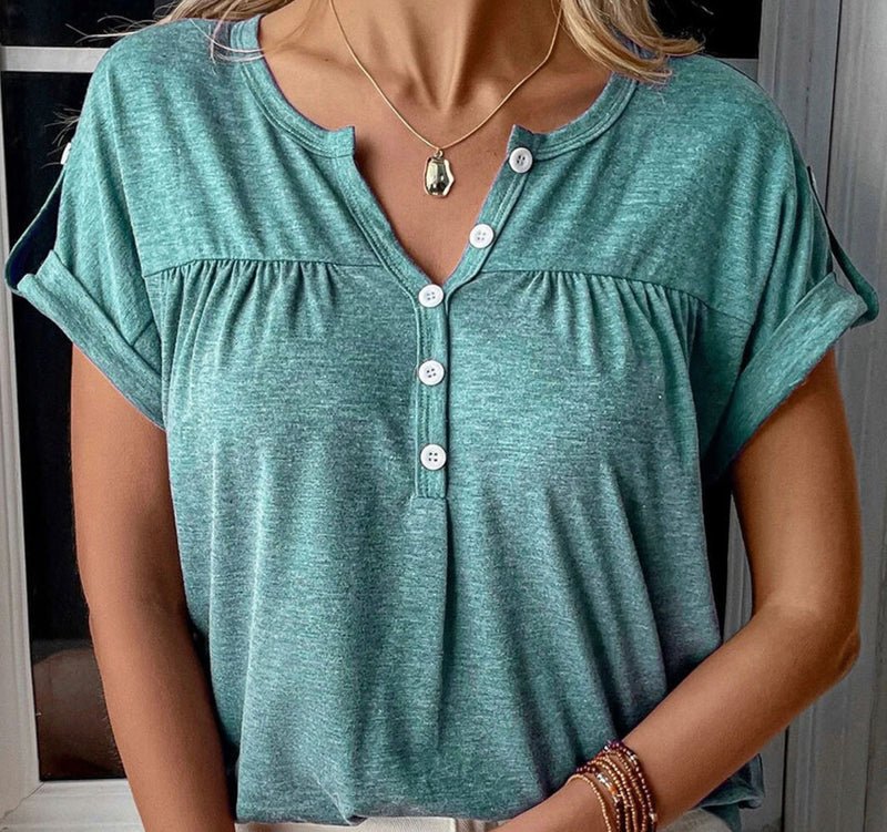 V-Neck Rolled Short Sleeve Henley Top