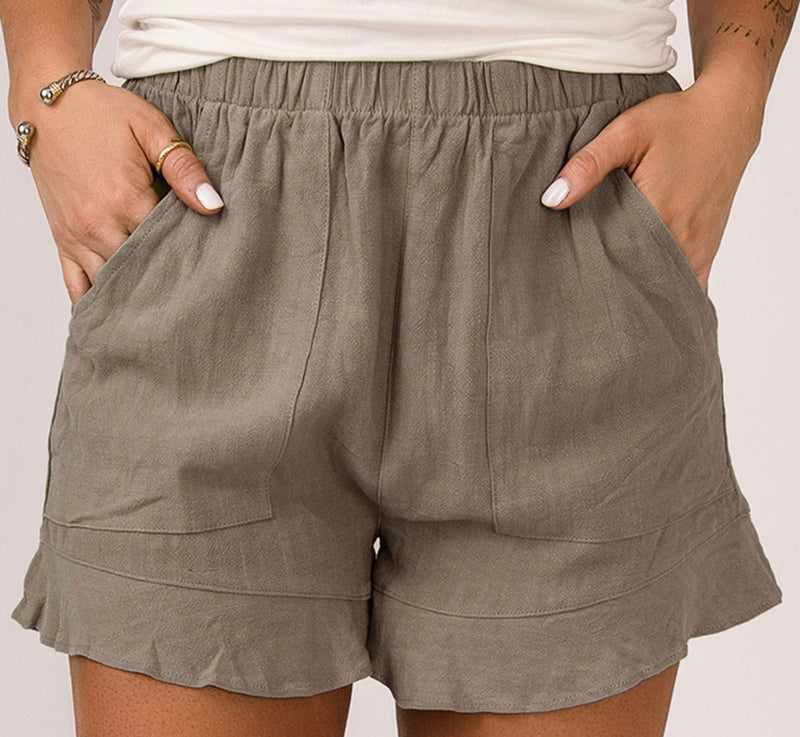 Khaki High Waist Pocketed Ruffle Shorts