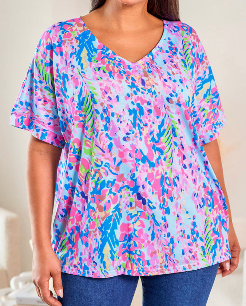 Sky Blue Plus Size Plant Print V Neck