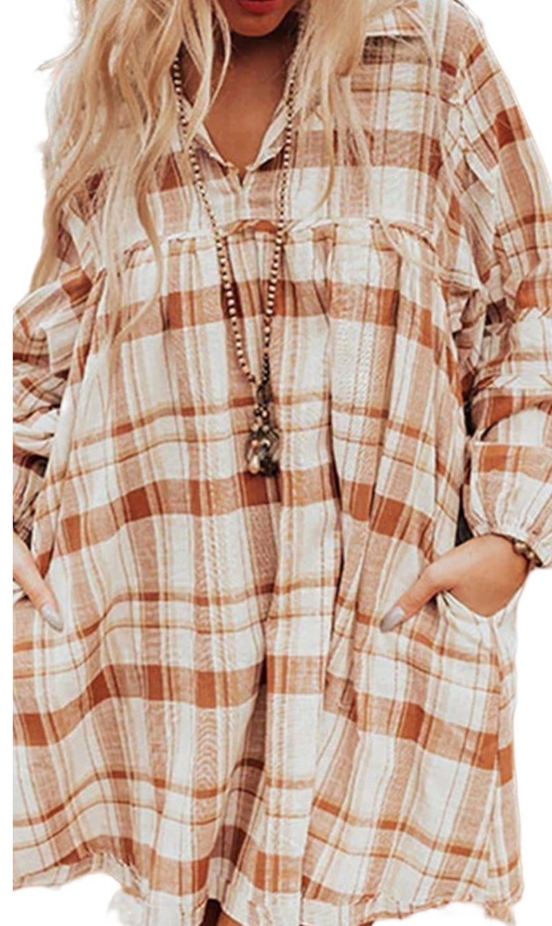 Brown Collared Long Sleeve Plaid Dress with Pockets