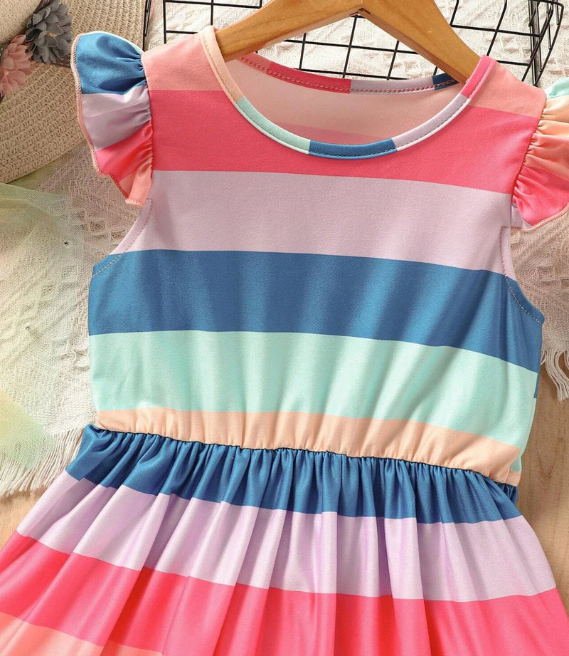 Rainbow Striped Ruffle Trim Dress