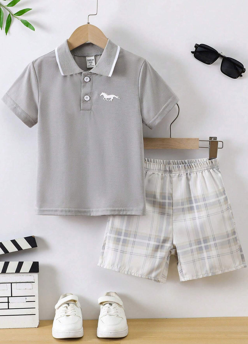 Short Sleeve Polo Shirt And Plaid Shorts Set