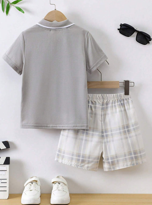 Short Sleeve Polo Shirt And Plaid Shorts Set