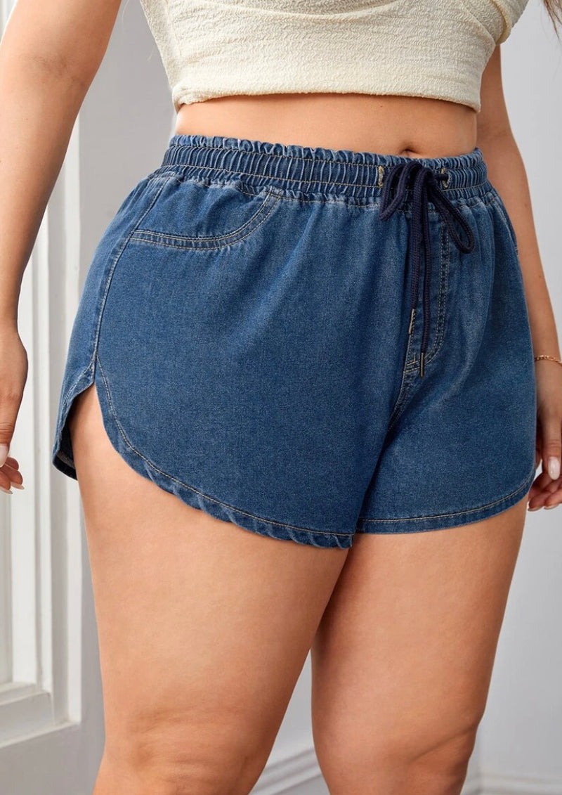 Plus Drawstring Waist Dolphin Hem Denim Shorts